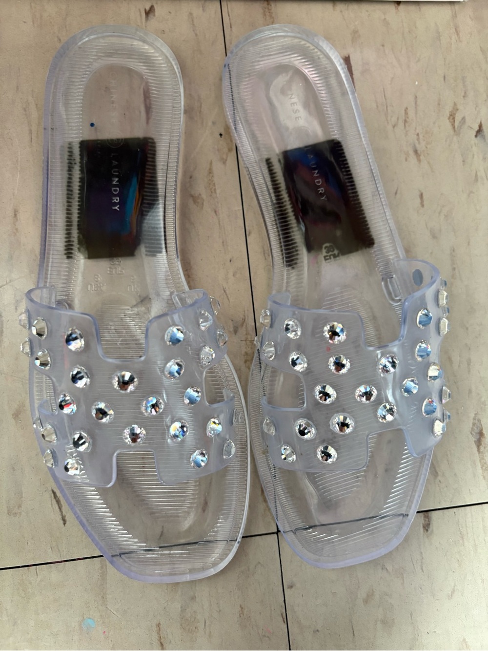 Chinese Laundry Clear Slide Sandals with Crystal Studs